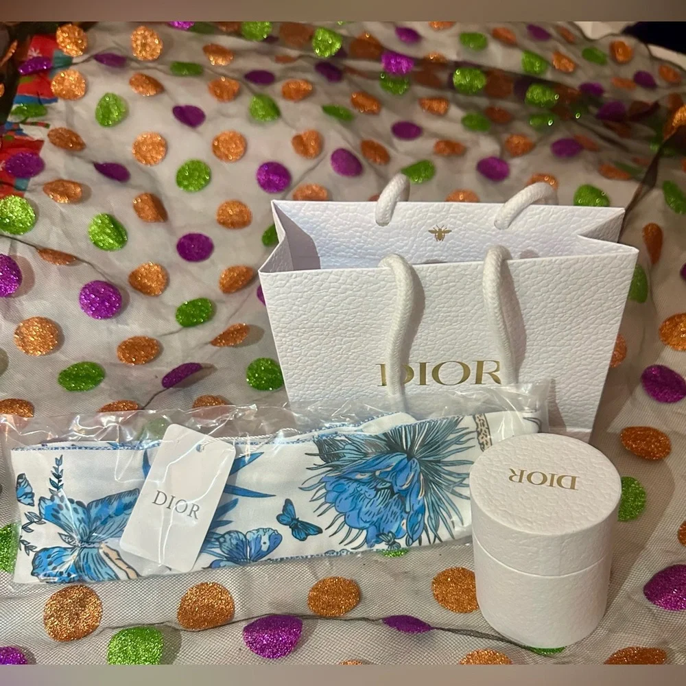 Christian Dior Blue Floral Butterfly Twilly Scarf with White Gift Box and Bag